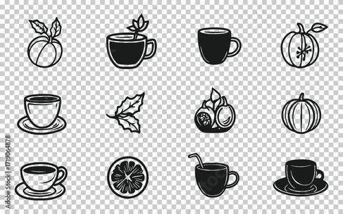 Unique collection of simple cup designs featuring fruits and plants on a transparent background