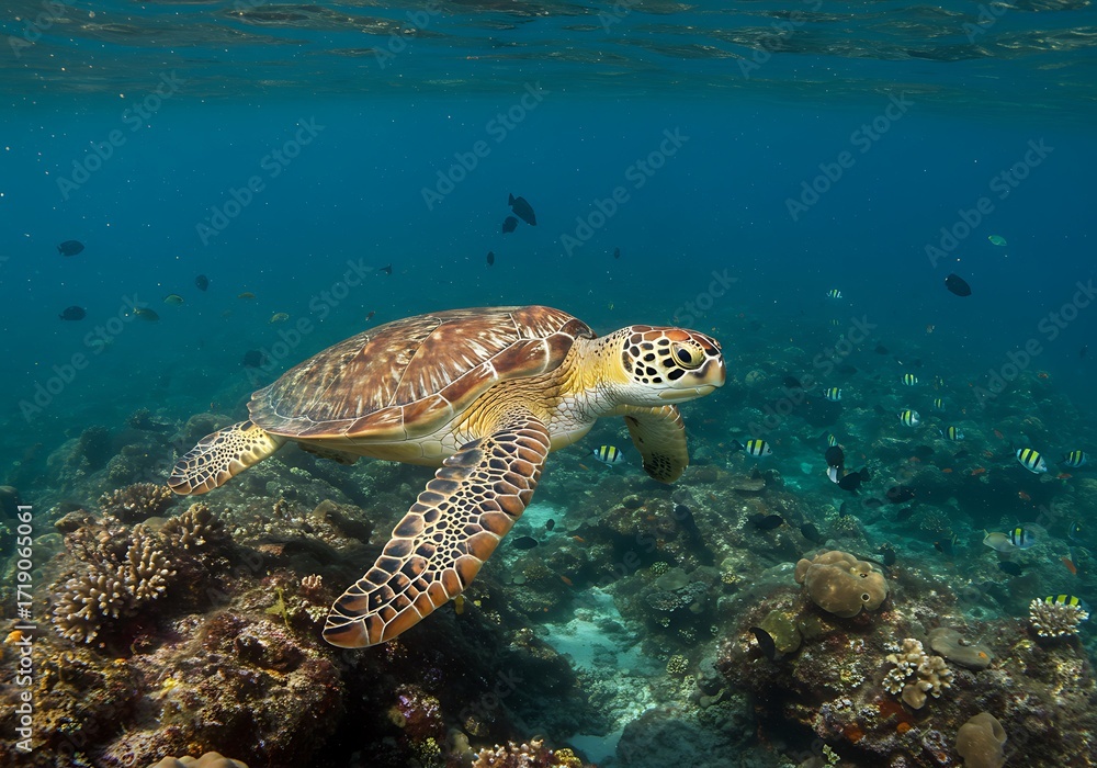 Fototapeta premium Sea turtle underwater coral reef