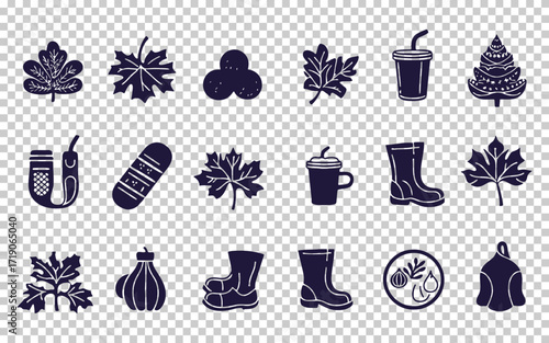 Outdoor autumn icons featuring nature elements, warm drinks, and seasonal activities in a simple design