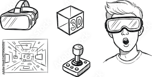 A sketch illustration of virtual reality elements including headset controller and surprised person wearing vr