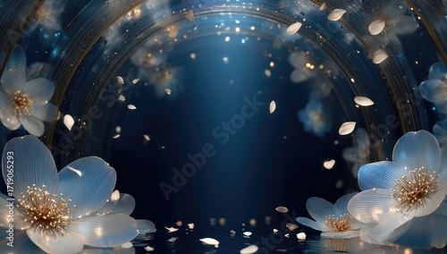 A dark blue, circular, flower-framed scene with glowing petals and gold accents, suggesting elegance and serenity