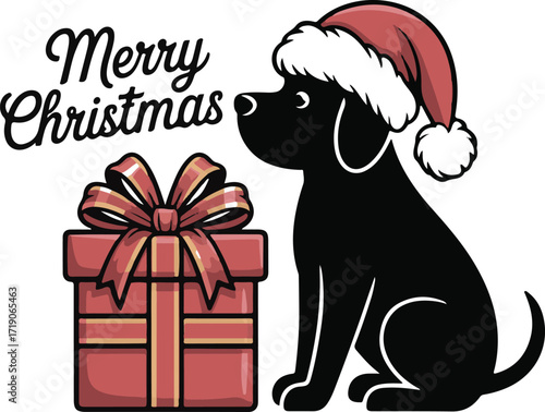 Christmas dog with Santa hat and gift silhouette vector