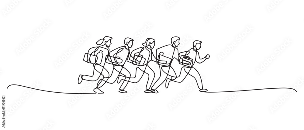Fototapeta Continuous one line drawing of Rear view of the rescue team carrying relief items while running. one line Icon drawing with white background