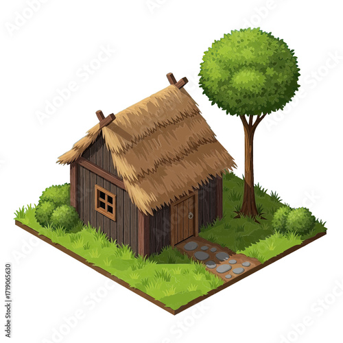 Charming thatched cottage evokes rustic simplicity and idyllic rural life, perfect for fantasy landscapes or historical settings, cozy and inviting design element