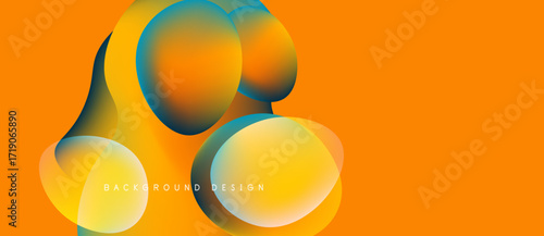 Abstract shapes overlap, creating vibrant color gradients. Orange background complements blue, yellow hues. Modern design element.