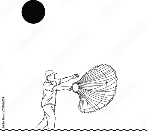 Fisherman casting a net under a dark sun