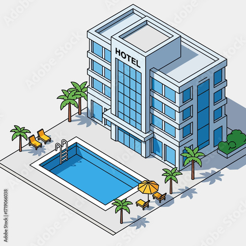 Modern hotel retreat with inviting swimming pool and palm trees creating a serene vacation atmosphere for guests