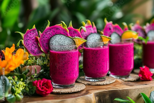 A garden-themed table with dragon fruit smoothies in curved glasses, topped with vibrant pitaya slices 
