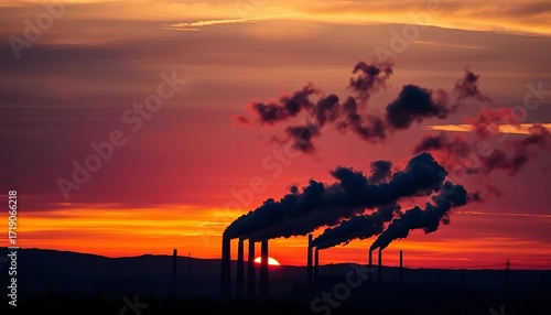 Sunset silhouettes of smokestacks billowing dark smoke over industrial landscape, industrial, dark