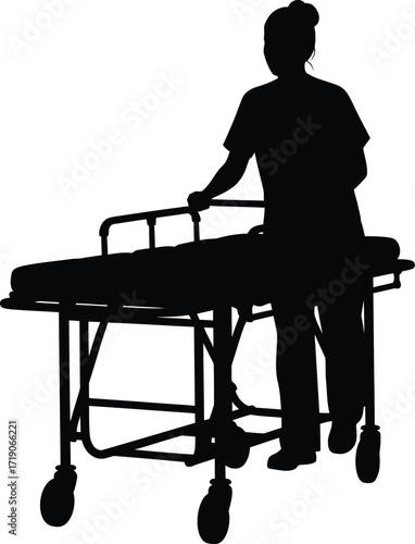 Silhouette of a healthcare worker pushing a hospital gurney down a hallway in a medical facility on white background