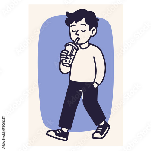 Teen Boy with Iced Drink — Takeaway Cup & Casual Street Style, Modern Minimal Flat Character