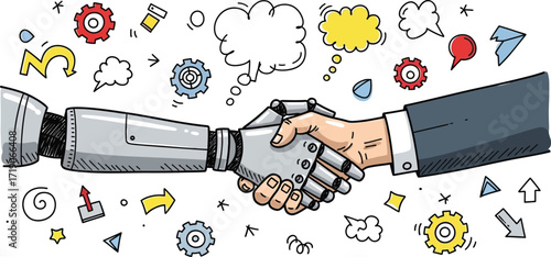 Robot and human handshaking in agreement with speech bubbles and gears scattered around them art