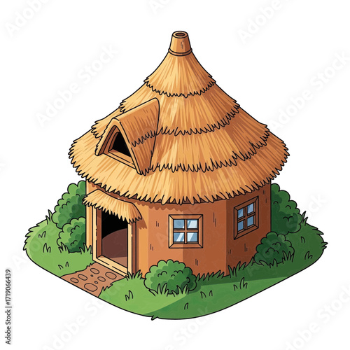 Charming rustic thatched cottage nestled amongst lush green foliage, inviting entry and quaint windows create storybook appeal