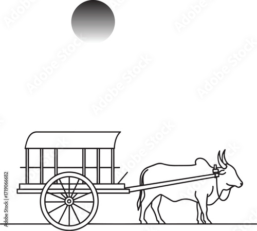 Ox Cart Underneath Shaded Moon Silhouette Vector