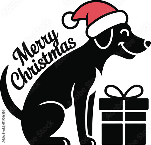Christmas dog with Santa hat and gift silhouette vector