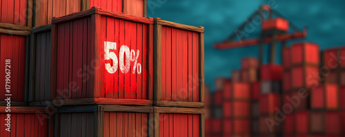 Stacked shipping containers with a 50% discount sign visible.