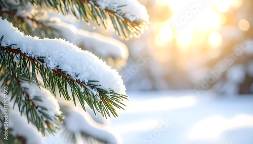 Snowy pine branch in winter sun