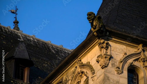 Architectural detail of a building at sunset