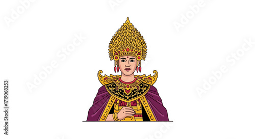 Balinese Dancer in Traditional Costume Illustration A vibrant depiction of a woman in ornate golden headdress, jewelry, and richly colored attire, embodying Balinese cultural heritage