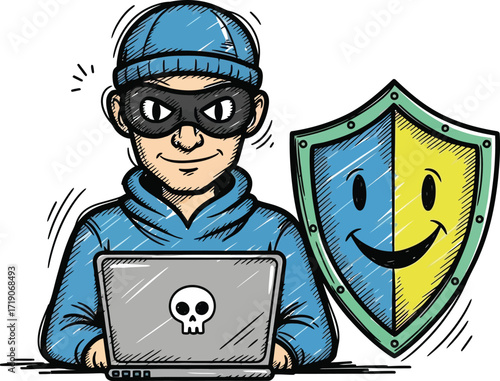 Cartoon of a hacker wearing a mask and beanie using a laptop with a skull icon next to a shield