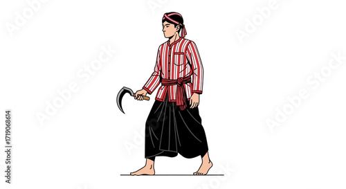 An Illustration of a Traditional Indonesian Farmer Depicting a man in traditional attire, with a sickle, reflecting the cultural heritage and rural lifestyle of Indonesia