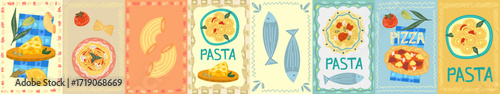 Postcard food set with pasta, pizza and sardines. Italian food poster. Kitchen postcard with Italian spaghetti, cheese and fish