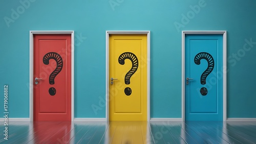 Three brightly colored doors red yellow and blue each with a large black question mark symbolizing choice and indecision