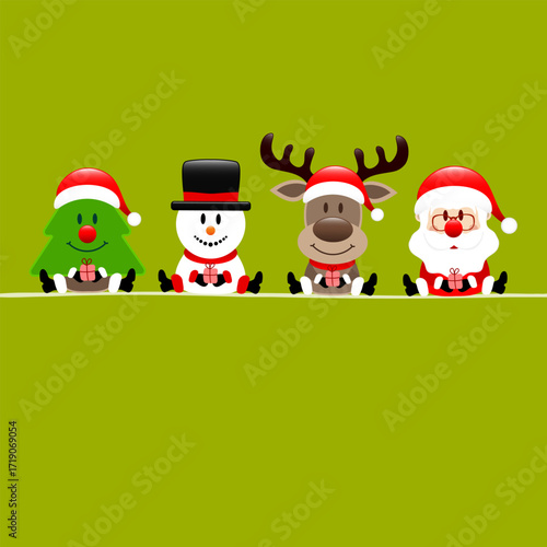 Quadrat Karte Weihnachtsbaum Schneemann Rentier und Weihnachtsmann Hellgrün
