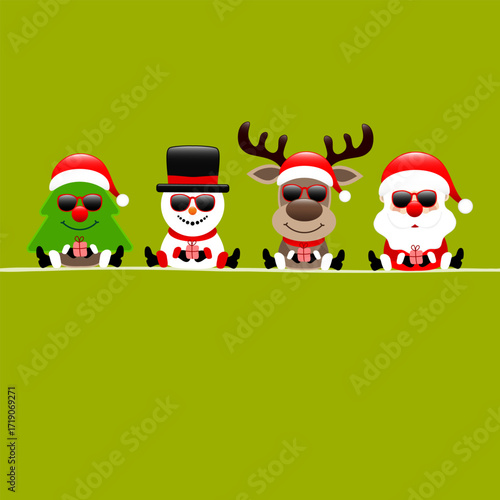 Quadrat Karte Weihnachtsbaum Schneemann Rentier und Weihnachtsmann Sonnenbrille Hellgrün