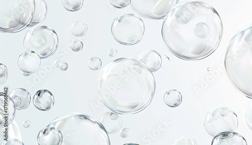 A digital illustration of numerous translucent bubbles of varying sizes floating against a light gray background.  The bubbles appear three-dimensional and slightly iridescent