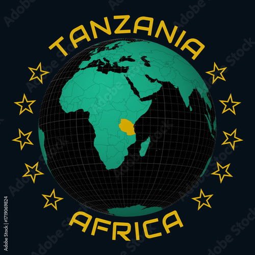 United Republic of Tanzania on Globe. Round country and continent name text. Country view on world map in Black Emerald color palette. Tanzania shape on map. Alive vector illustration.