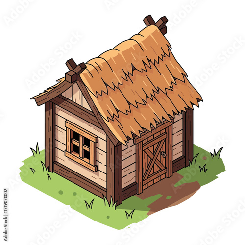 Charming rustic wooden cottage with thatched roof evokes cozy, old-world village life and simple, natural living perfect for fantasy or historical themes.