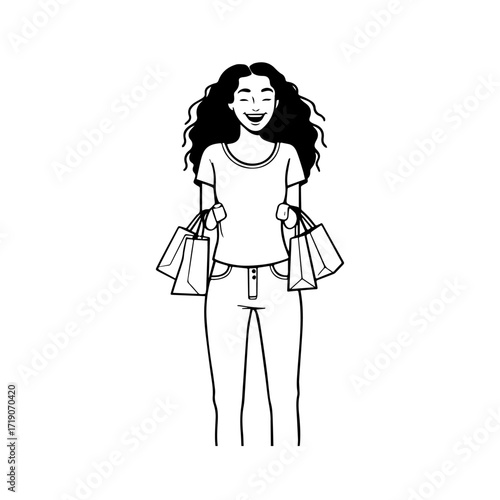 Black and white line art of a beautiful happy woman carrying shopping bags minimalist cheerful illustration