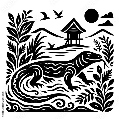 Komodo Dragon in Tropical Landscape — Indonesian Wildlife Ornamental Woodcut/Batik Style, Black & White Vector