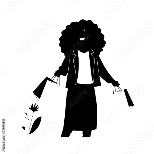Black and white line art of a beautiful happy woman carrying shopping bags minimalist cheerful illustration