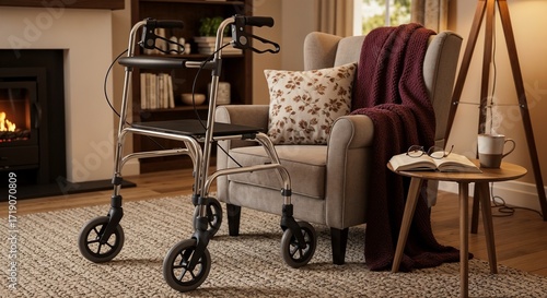 Fall Prevention in the Elderly with Rollator Walker in Cozy Living Room Setting for Health Blogs, Seniors' Safety Awareness, Home Care Guides, and Lifestyle Articles