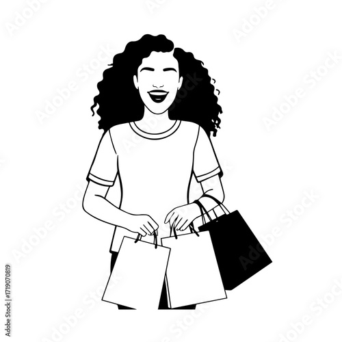 Black and white line art of a beautiful happy woman carrying shopping bags minimalist cheerful illustration