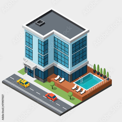 Modern hotel with inviting pool and taxi arriving on city street, perfect for travel or hospitality concepts