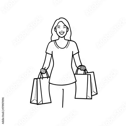 Black and white line art of a beautiful happy woman carrying shopping bags minimalist cheerful illustration
