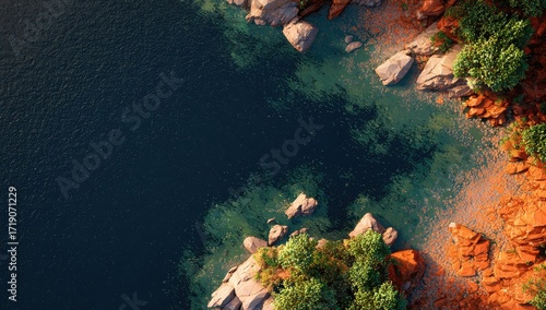 High-angle view of a rocky shoreline meeting a deep body of water