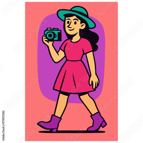 Female Tourist Photographer Walking with Camera & Sun Hat — Travel Blogger Character, Modern Flat Vector