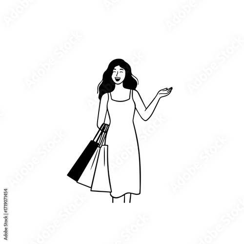 Black and white line art of a beautiful happy woman carrying shopping bags minimalist cheerful illustration