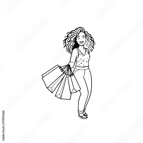 Black and white line art of a beautiful happy woman carrying shopping bags minimalist cheerful illustration