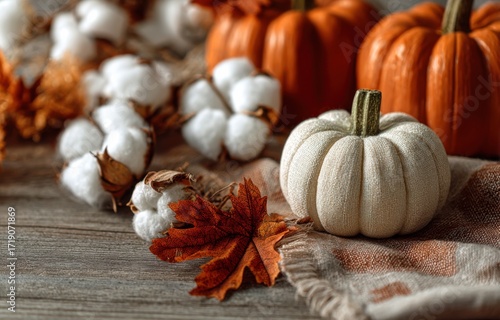 Beautiful Fall Arrangement Featuring Pumpkins, Cotton Blooms, and Autumn Leaves on a Rustic Wooden Surface for Seasonal Decor Inspiration