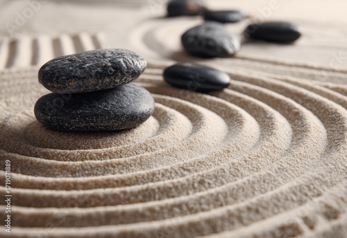 Serenity in Simplicity: A Composition of Black Stones Balanced on Soft Sand Lines, Invoking Tranquility and Mindfulness in a Zen Garden Inspired Setting