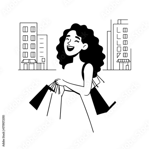 Black and white line art of a beautiful happy woman carrying shopping bags minimalist cheerful illustration