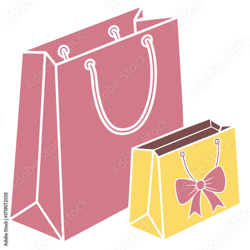 High quality 3D render showing colorful gift bags with handles, decorative bow, and greeting card, white background.