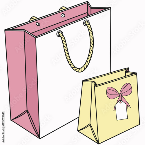 Premium 3D rendering of festive gift bags with elegant ribbon bow and blank card placed on white background.
