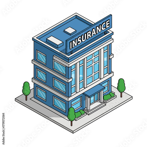 Modern blue insurance building exterior with prominent signage offering protection and financial security for clients