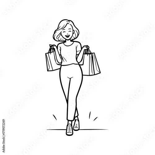 Black and white line art of a beautiful happy woman carrying shopping bags minimalist cheerful illustration